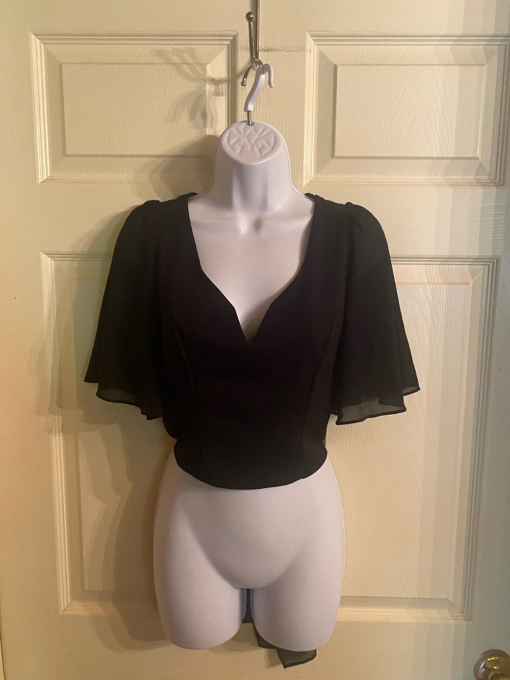 Black Grehy (buckle brand) V-Neck Flutter Sleeve Women's Blouse